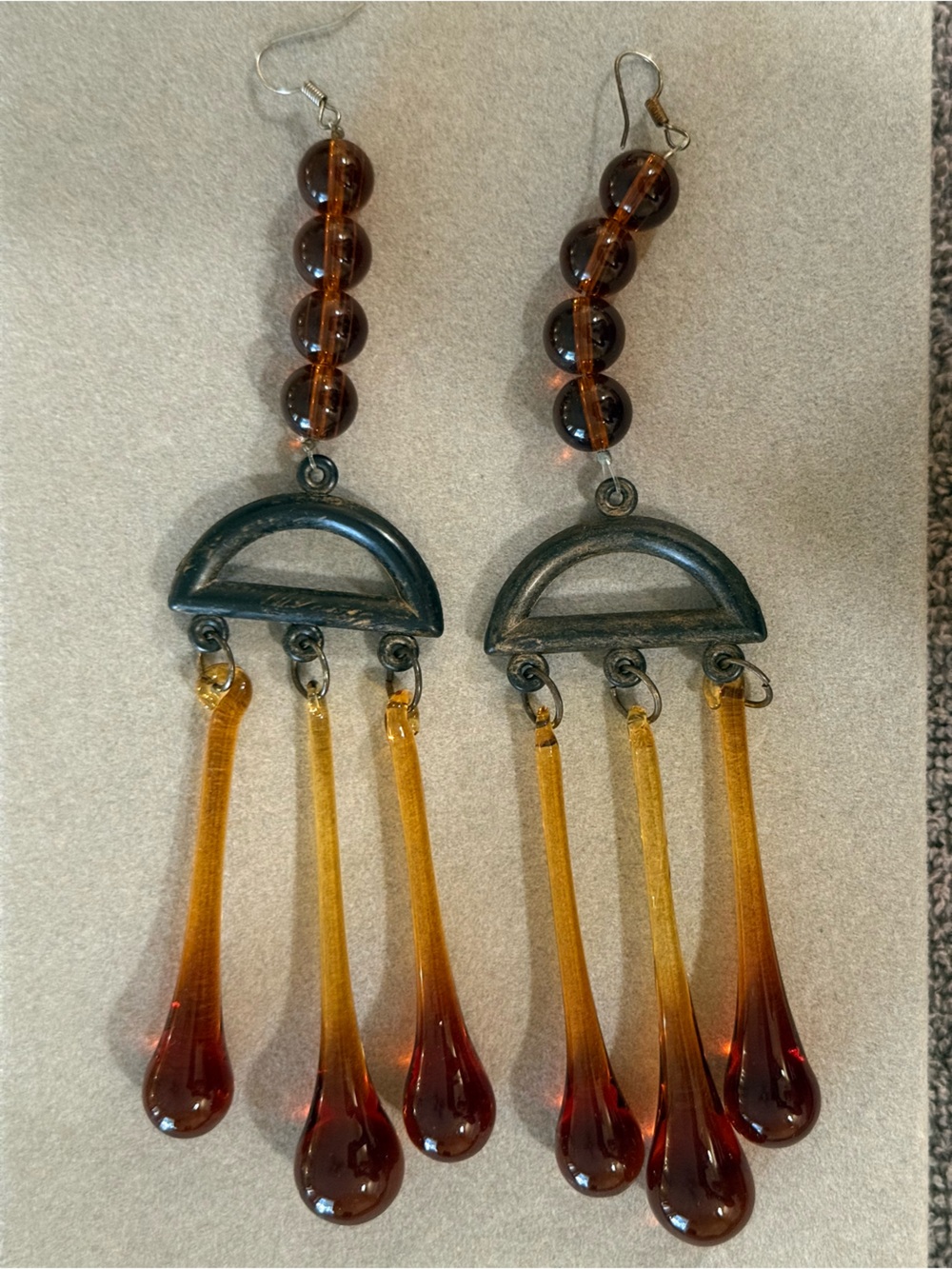 Amber Tone Glass Super Long Teardrop Chandelier Earrings - Women Jewelry